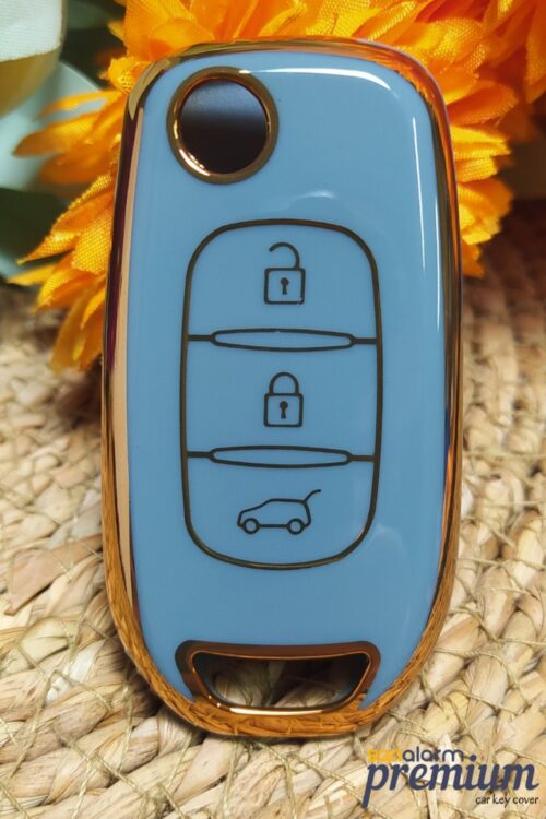 Premium Renault Megane Clio 5 Dacia Duster Sustalı 3 Buton Gri-Mavi Oto Anahtar Kumanda Kabı Kılıfı