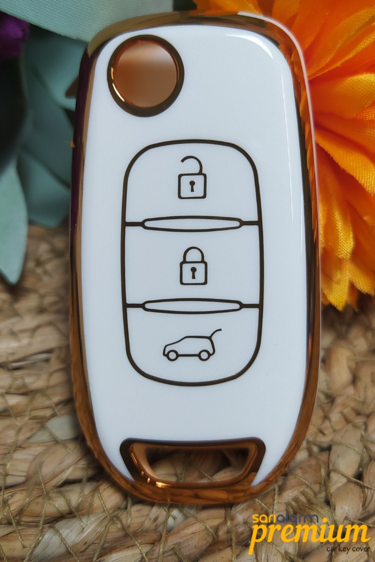 Premium Renault Megane Clio 5 Dacia Duster Sustalı 3 Buton Beyaz Oto Anahtar Kumanda Kabı Kılıfı