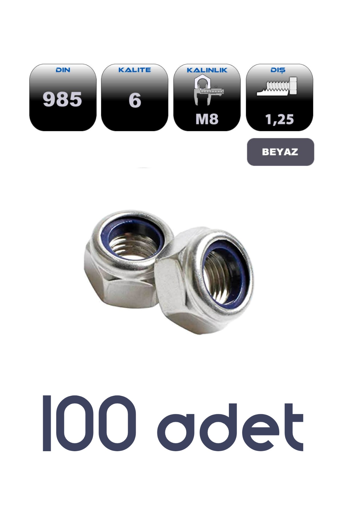 M8 Fiberli Somun Dın985 (100'lü Set)