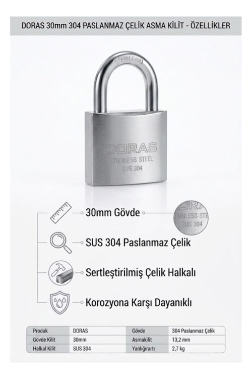 Doras Paslanmaz Asma Kilit 30mm.