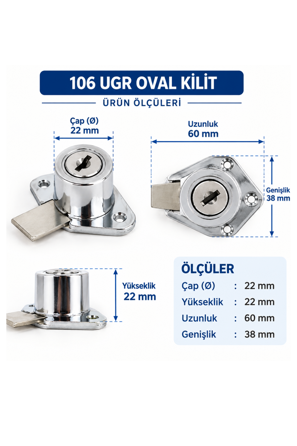 Ugr 106 Krom Oval Çekmece Kilidi - Görsel 2